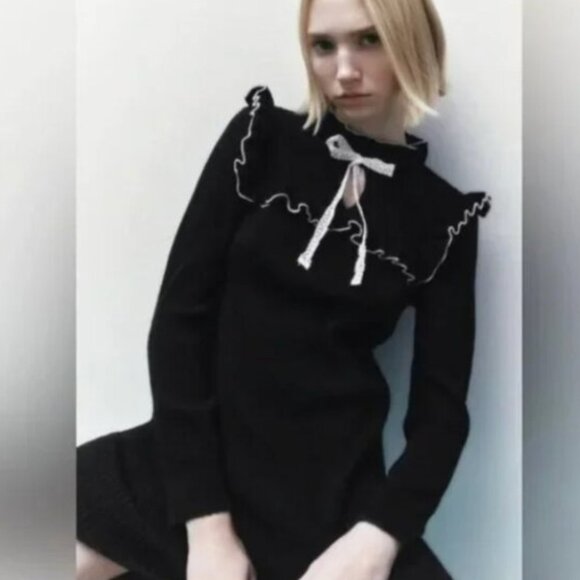 ZARA HIGH COLLAR BLACK KNIT LONG SLEEVE MINI DRESS BOW Gothic Preppy Academia M - Picture 1 of 6